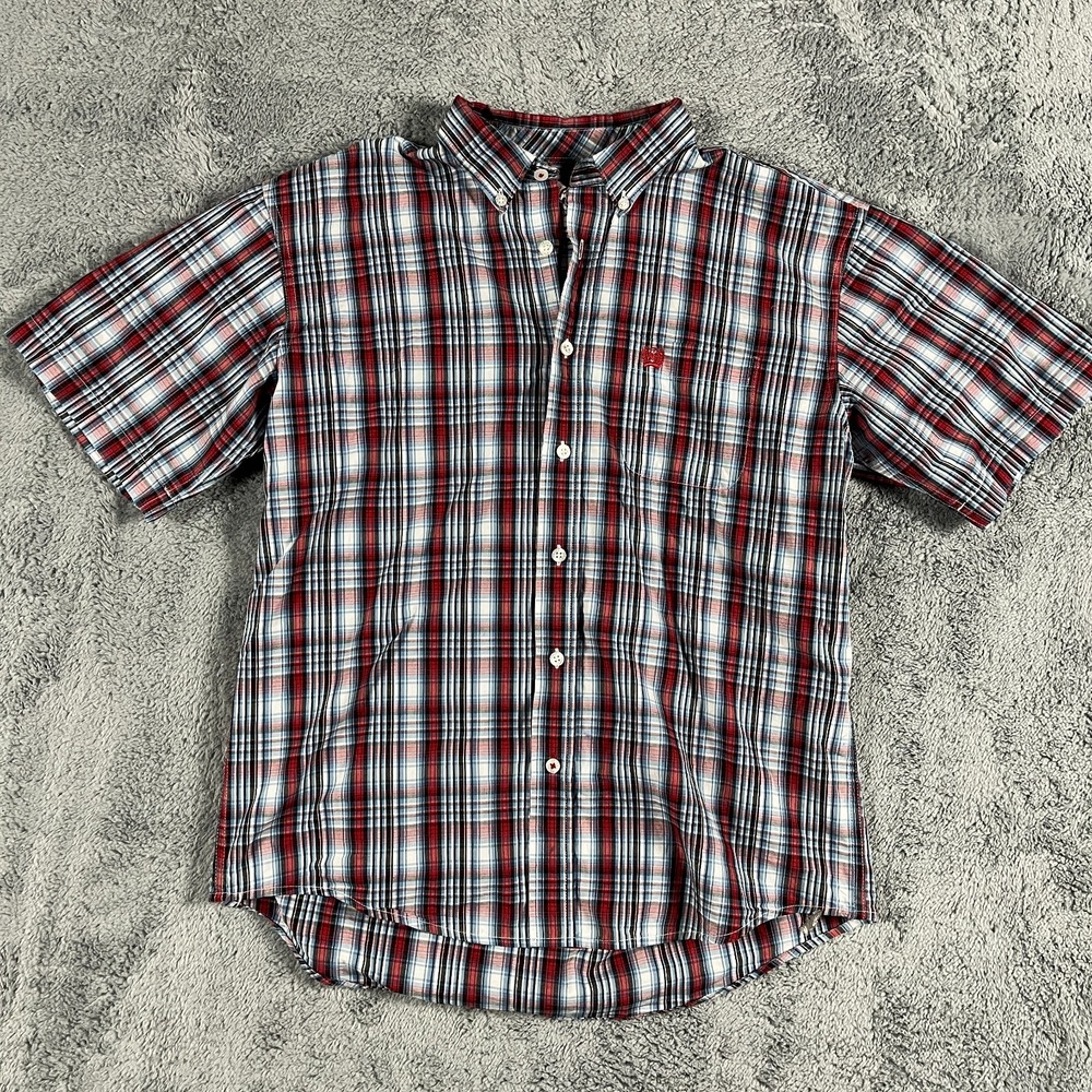 Cinch Western Shirt Mens XXL Red White Plaid Short Sleeve Collared Button Down